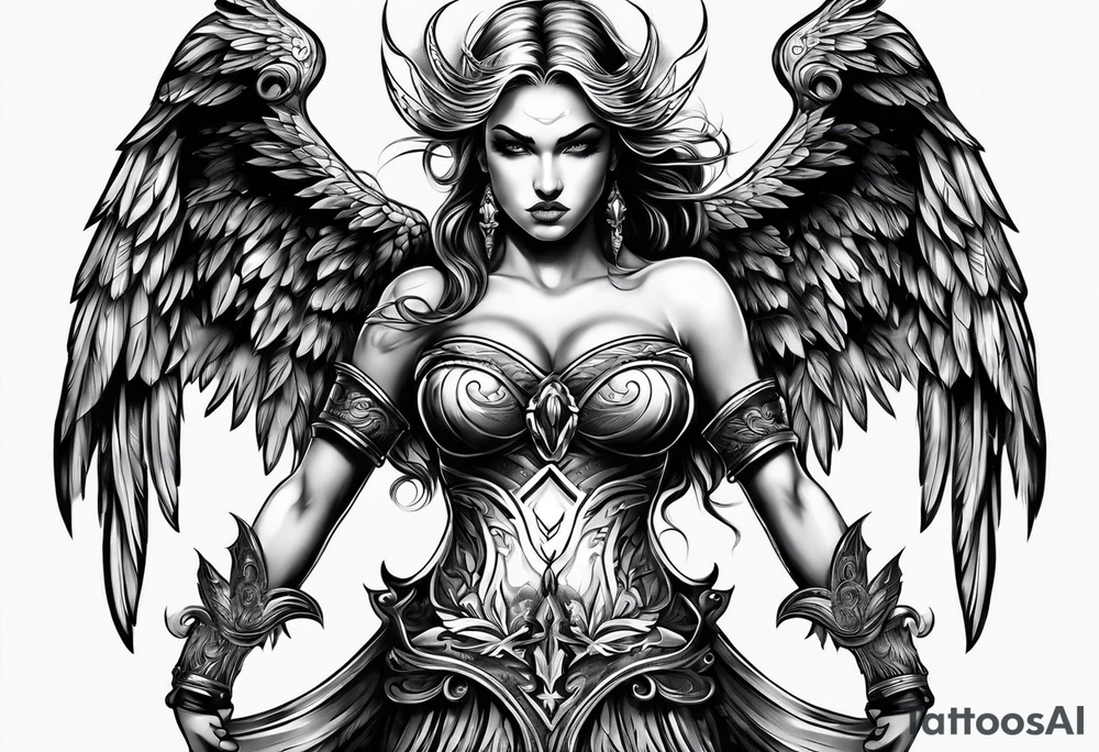 angry angel in black standing tattoo idea