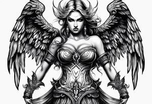 angry angel in black standing tattoo idea
