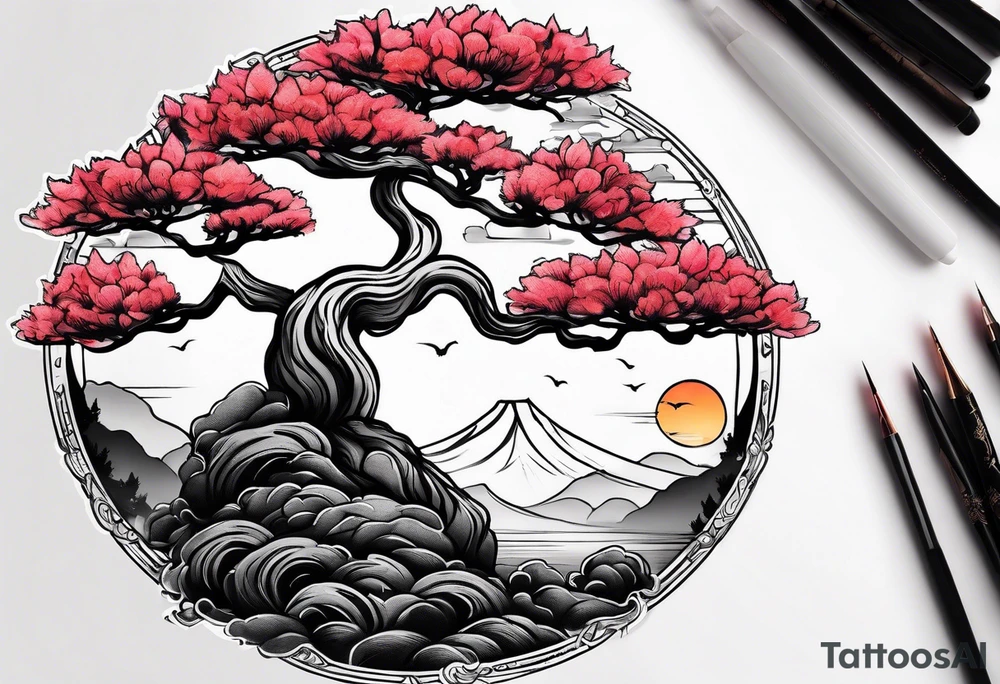 Sunset and little down bonsai trees tattoo idea