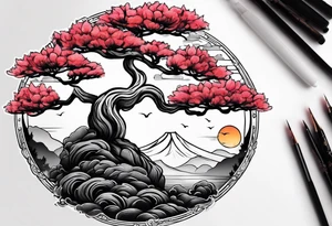 Sunset and little down bonsai trees tattoo idea