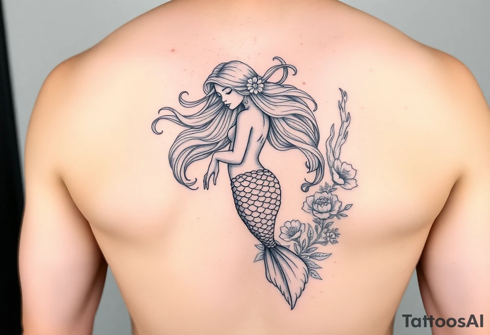 ethereal mermaid with flowing hair among coral and sea flowers tattoo idea