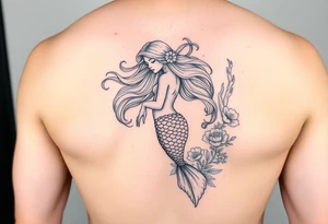ethereal mermaid with flowing hair among coral and sea flowers tattoo idea