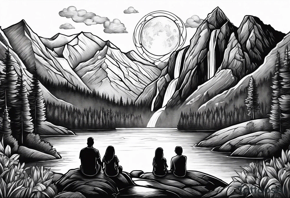 a family of three sitting in a nature with mountains, waterfall, water, and a cross in the background and and moon in the sky with stars tattoo idea