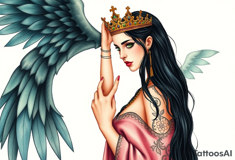 A Scorpio gypsy woman with wings like an angel and long black hair and green eyes placing a kings crown on a tall man with grey short spiked hair and blue eyes. She is wearing a long flowing dress tattoo idea