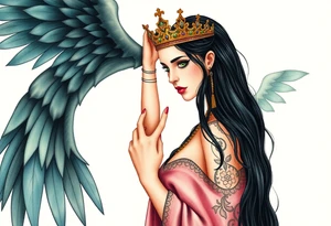 A Scorpio gypsy woman with wings like an angel and long black hair and green eyes placing a kings crown on a tall man with grey short spiked hair and blue eyes. She is wearing a long flowing dress tattoo idea