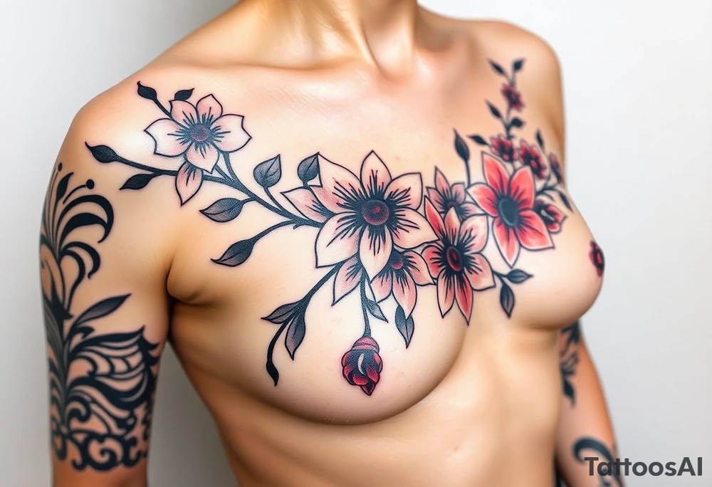 This is a tattoo of a string of flowers in bloom and is on a woman. It starts on her left side of the chest on the pectoral with a Glaiolus and Daisy pushed together. The tattoo rises over the left shoulder and down the arm and ends at the elbow. The tattoo will feature a primroses, Calla Lilys, and Lillys. They can have multiple flowers but 1 of each will pop with shading and be colored in. tattoo idea