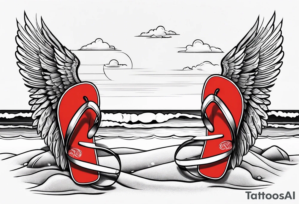 A pair of red wings and flip flops on the beach tattoo idea