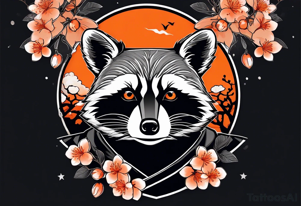 Raccoon wearing a white Superman logo on a black hoodie and orange Japanese cherry blossoms beside tattoo idea