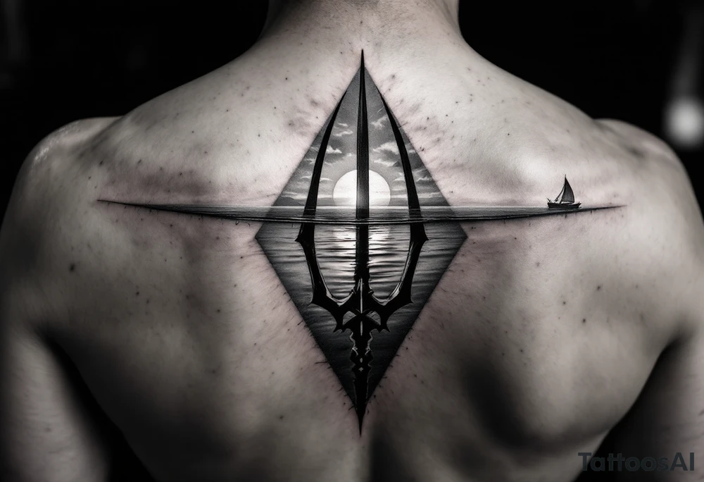trident half way under calm water with sanger DXII boat and sunset with hidden waldo tattoo idea