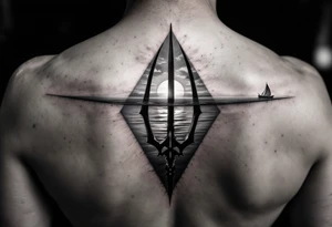 trident half way under calm water with sanger DXII boat and sunset with hidden waldo tattoo idea