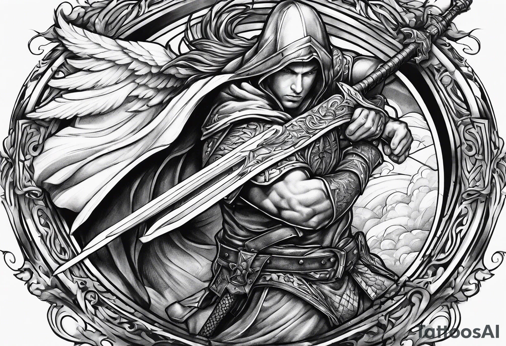 Arch angel hood fighting sword male tattoo idea