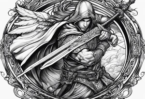 Arch angel hood fighting sword male tattoo idea