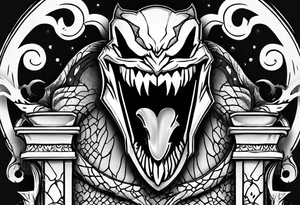 Smiling Venom with tongue out on throne with paint drip with Kobe’s black mamba symbol on the chest tattoo idea