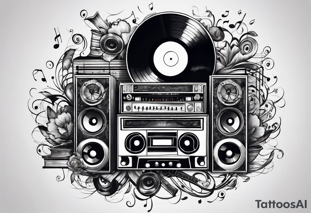 music notes surrounded by a record, a cassette tape, and saxophone parts tattoo idea