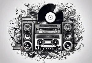 music notes surrounded by a record, a cassette tape, and saxophone parts tattoo idea