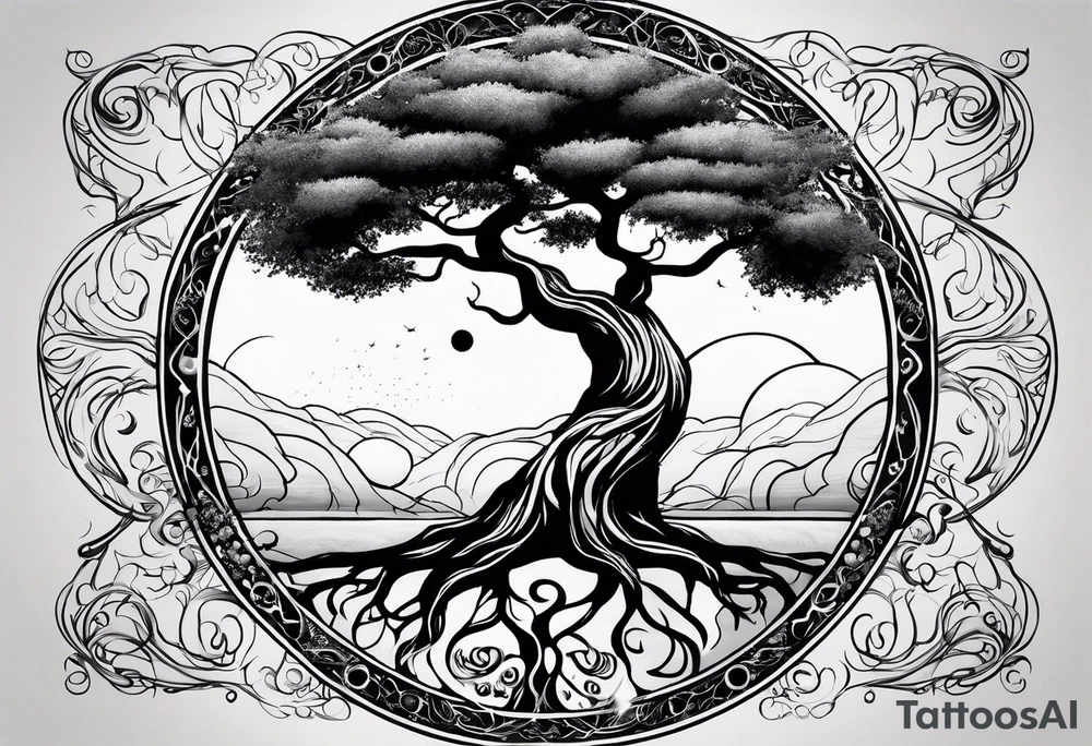 circle of life tree
the roots of the tree wrapped around a planet
the planet is below the tree
the roots of the tree are wrapped around the planet tattoo idea