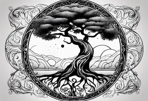 circle of life tree
the roots of the tree wrapped around a planet
the planet is below the tree
the roots of the tree are wrapped around the planet tattoo idea