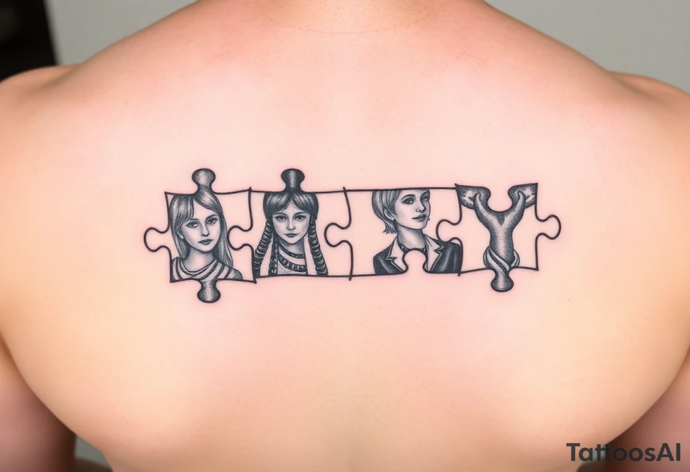 Thigh tattoo Individual Puzzle pieces of a blended family of Emily Ray Garrison Ayden Abby Gray tattoo idea