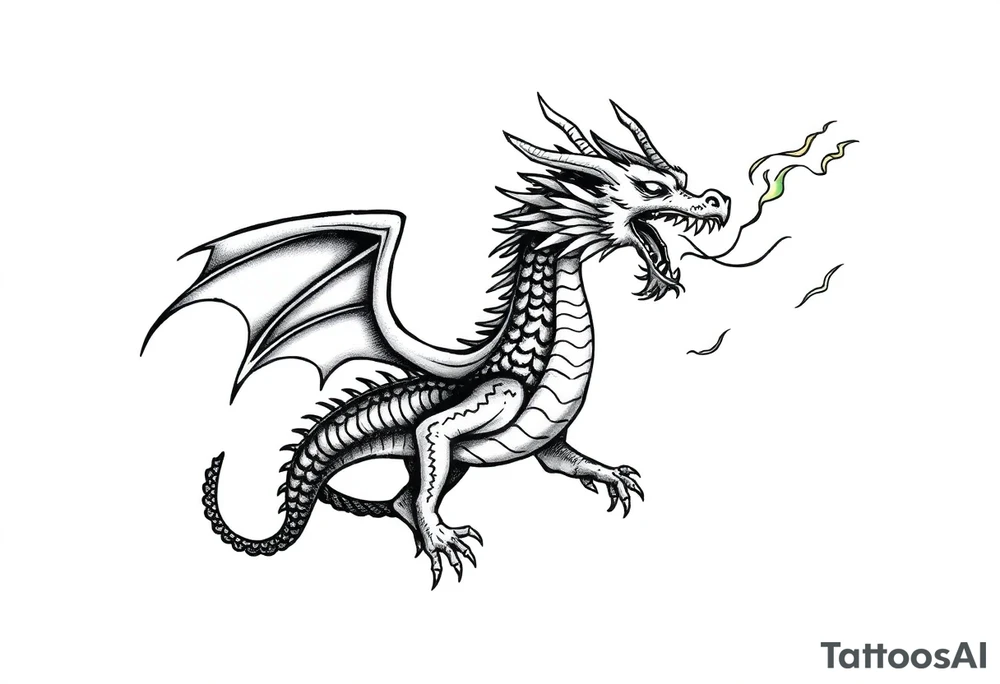 fierce dragon breathing iridescent fire against stormy skies tattoo idea