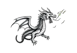 fierce dragon breathing iridescent fire against stormy skies tattoo idea