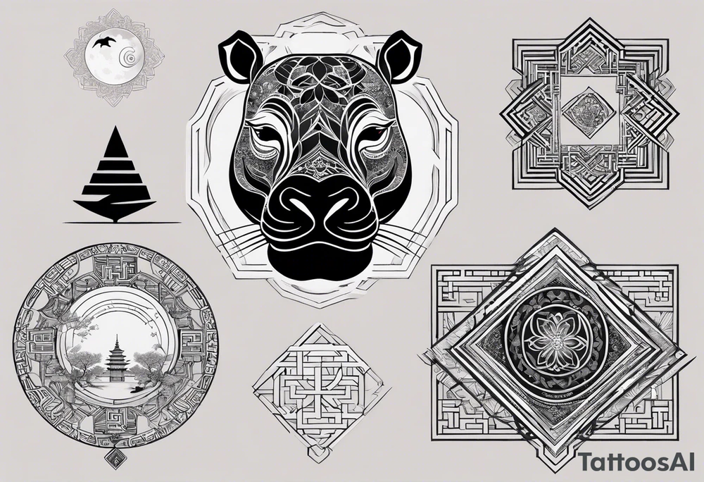 Very asymmetrical, +geometric pattern, with realistic full moon, with serious looking hippo, +zen feel, + Buddhism touch, +tribal, +geometric, +chinese inkart 
with wintersweet flower bud, +portrait orientation, +inkart touch, tattoo idea