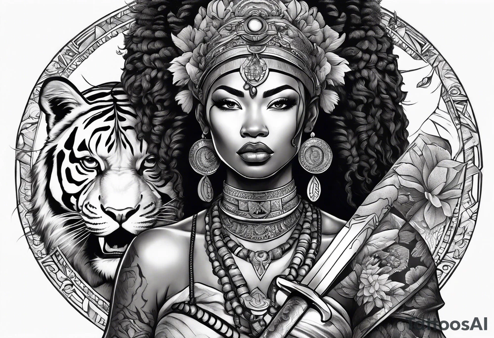 African goddess with sword in hand and tiger Japanese traditional style tattoo idea