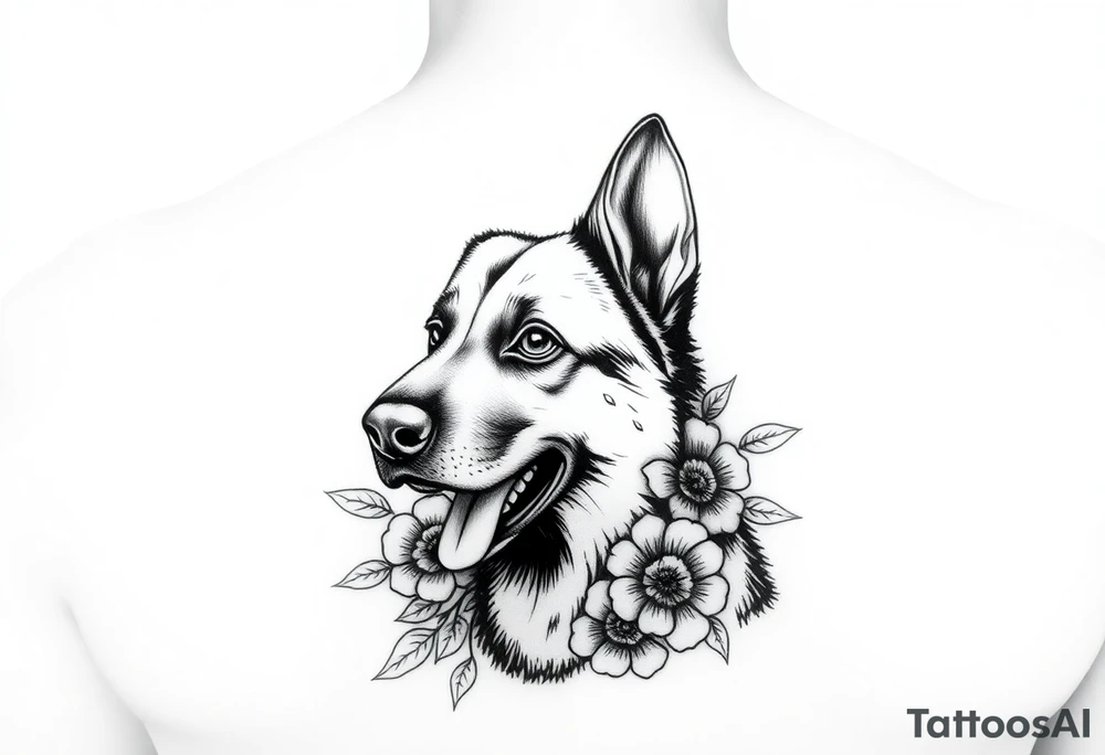 german shepherd dog with flowers tattoo idea