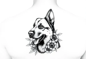 german shepherd dog with flowers tattoo idea