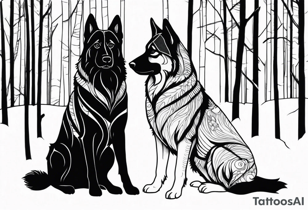 two norwegian elkhounds guarding a dark forest tattoo idea two norwegian elkhounds guarding a dark forest tattoo idea