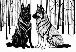 two norwegian elkhounds guarding a dark forest tattoo idea