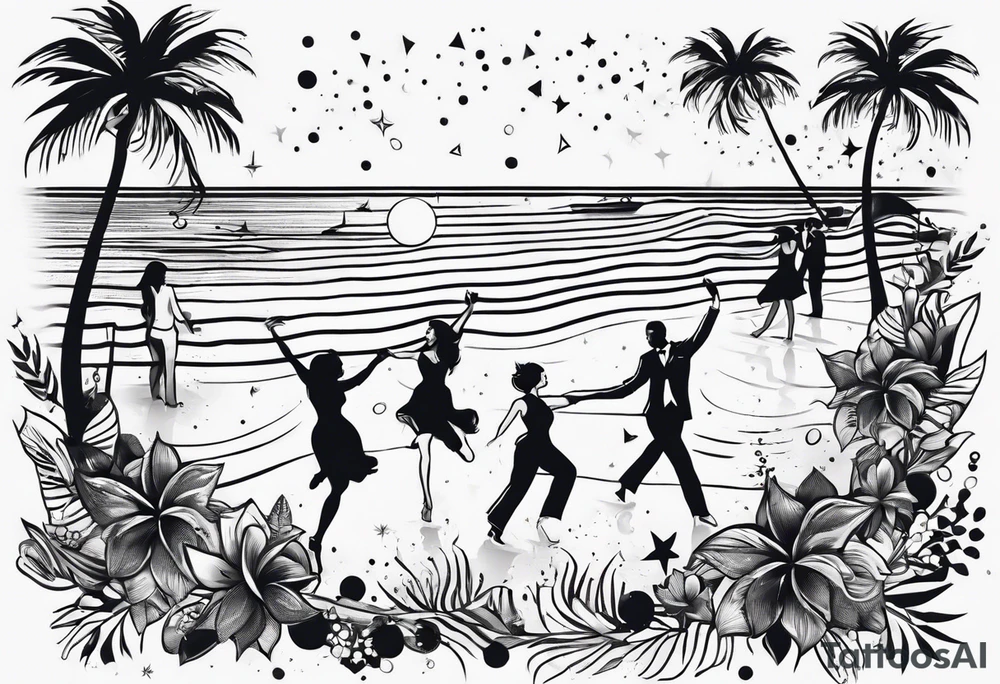 vintage beach dance party with music and confetti tattoo idea