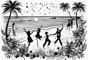 vintage beach dance party with music and confetti tattoo idea