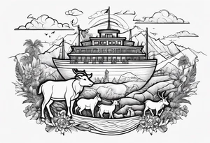 Noah's ark with a badger, a goat and a reindeer inside the outlines of Map of Mallorca tattoo idea