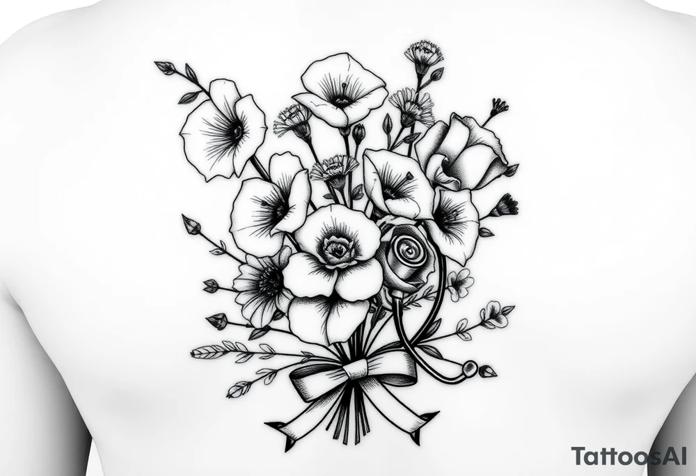 black and white tattoo with a bouquet of hollyhocks, one wild rose, and two wild flowers. Put a stethoscope along side seperately from the bouquet. Include three names among the flowers: June Etta, Roxy, and Rosalie. make the bouquet have a ribbon bow towards the bottom holding the flowers like they had just been picked from the garden tattoo idea