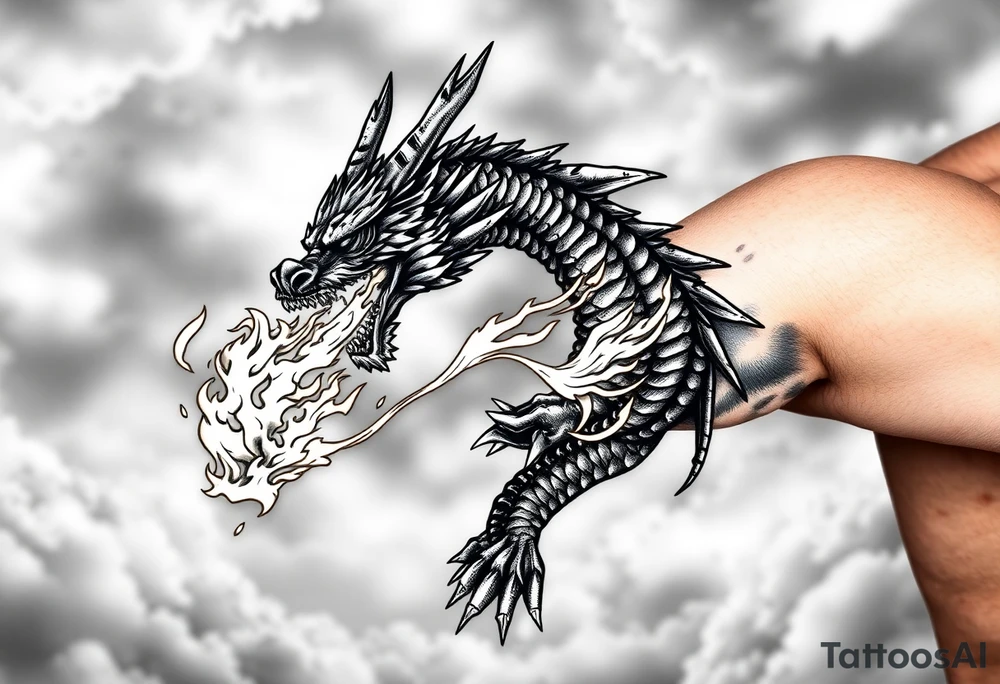 fierce dragon breathing iridescent fire against stormy skies tattoo idea