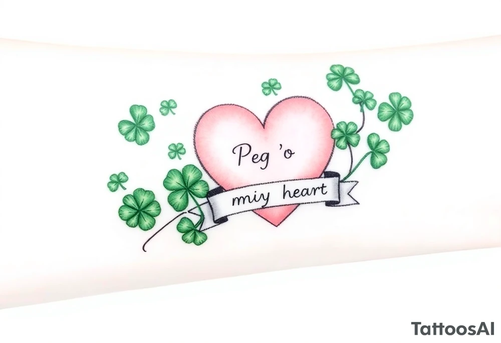 A ton of green shamrocks and a big pale pink heart with a banner across the heart that says Peg 'o My Heart tattoo idea