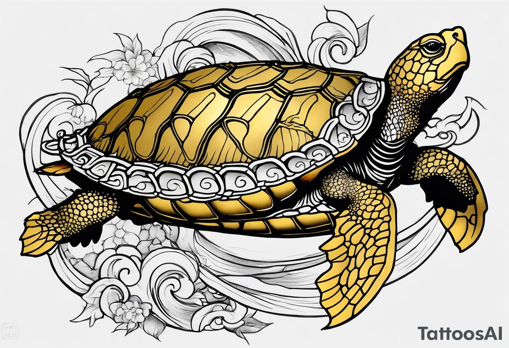 Golden shelled turtle wrapped with a gold dragon, 20 sea sparrows in flight around the turtle and dragon, fire controlman rating symbol tattoo idea
