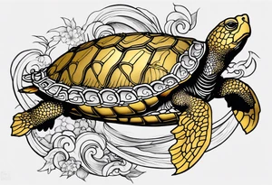Golden shelled turtle wrapped with a gold dragon, 20 sea sparrows in flight around the turtle and dragon, fire controlman rating symbol tattoo idea
