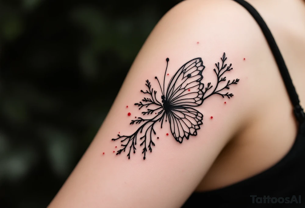 A minimalistic fine-line tattoo on light skin, depicting an abstract butterfly in motion. The butterfly’s wings are flowing and delicate, with organic, smoke-like extensions and botanical elements resembling twigs or coral subtly incorporated into the lines. The design uses thin black ink lines with occasional soft red accents. Ethereal, feminine, and airy composition with a dreamy, surreal aesthetic. tattoo idea