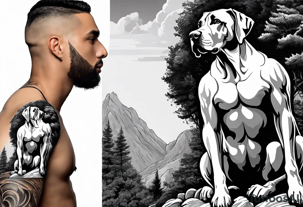 Arm sleeve for man-  with floppy ear Great Dane standing fiercely chest up. With outdoors fill work around the Dane. A waterfall in background tattoo idea