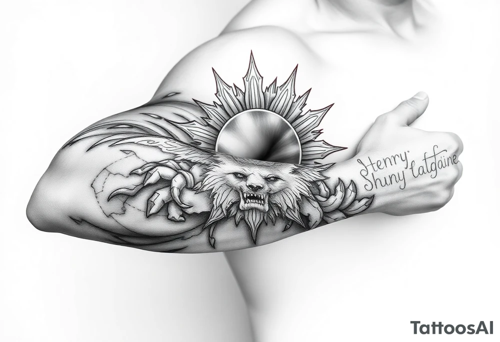 Left arm sleeve. I already have a sun on my deltoid made out of stone. Add theme from the movie never ending story. tattoo idea