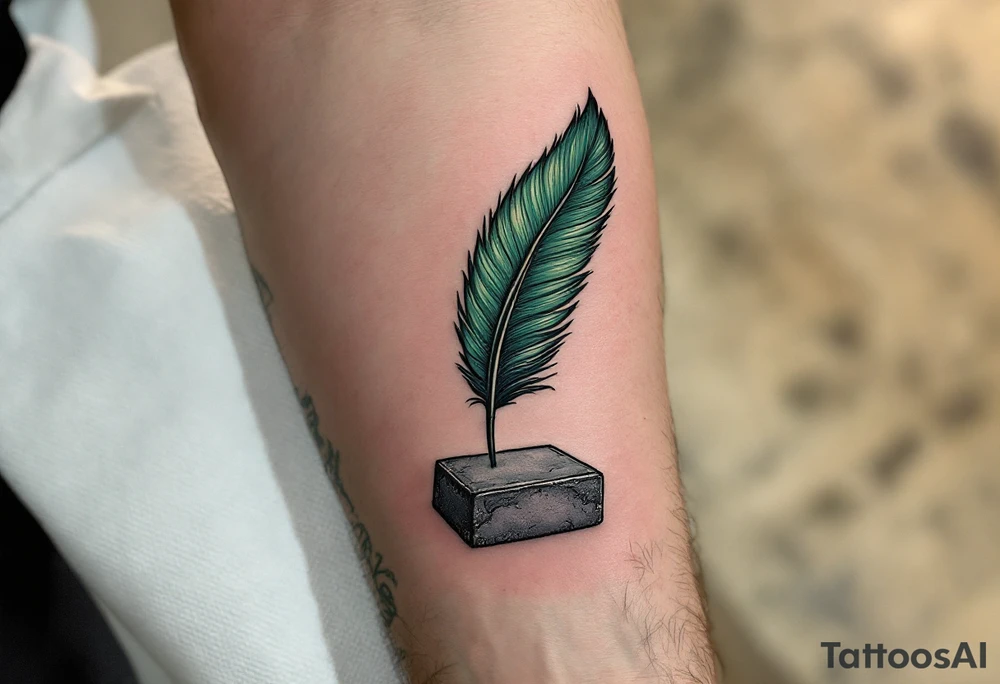 A deep green feather of Ma’at, symbolizing truth and balance, resting on a gray stone tablet. tattoo idea