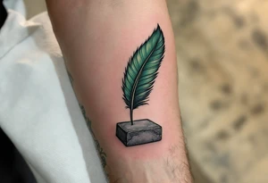 A deep green feather of Ma’at, symbolizing truth and balance, resting on a gray stone tablet. tattoo idea