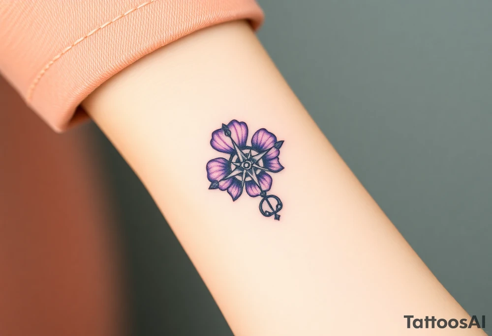 A single Violet with detailed compass at its center representing feminine power and an ankh or Celtic knot tattoo idea