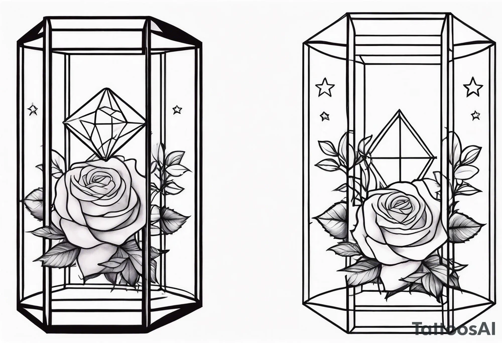 Tall soft Tesseract with roses and stars on the top and bottom tattoo idea