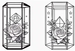 Tall soft Tesseract with roses and stars on the top and bottom tattoo idea