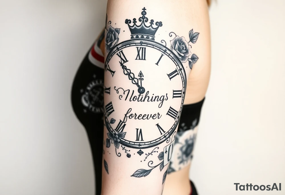Roman clock with roses and a crown, a quote that says nothings forever. and on the bottom a deck of cards tattoo idea