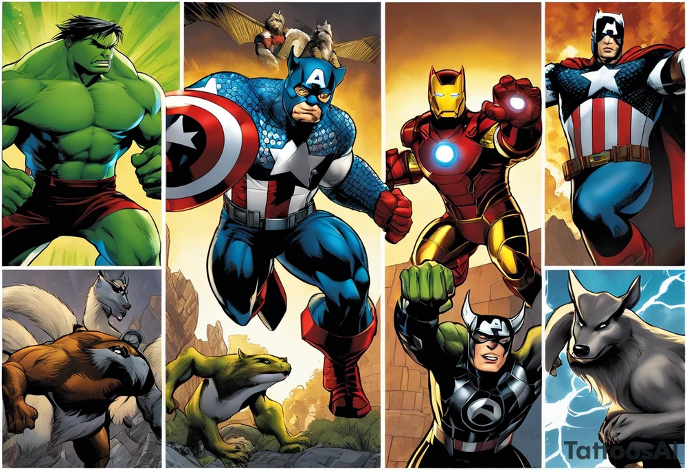 A super hero team which is combination of animals. For example:
Hulk will be represented by a Badger.
Thor will be depicted as an Alpha Grey Wolf.
Captain America will be symbolized by a Bull.
Iron Man's character will be embodied by a Canary.
Black Widow's role will be portrayed by an Axolotl.
Hawkeye will be depicted as a Sudan Plated Lizard.
Nick Fury will be represented by a Cat. tattoo idea