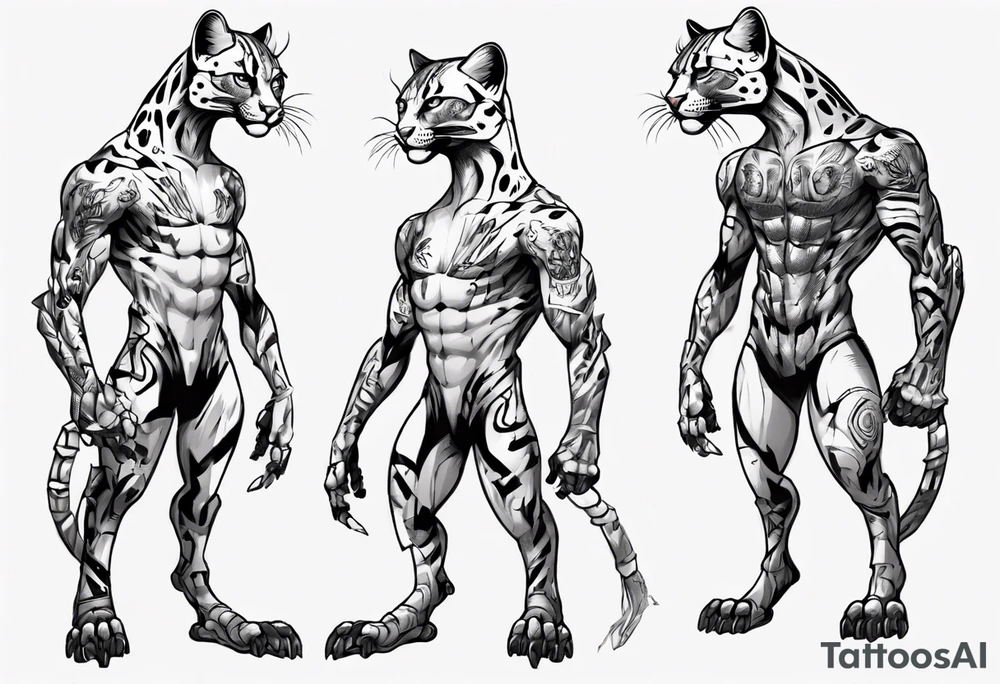 cybernetic ocelot full body teeth showing tattoo idea