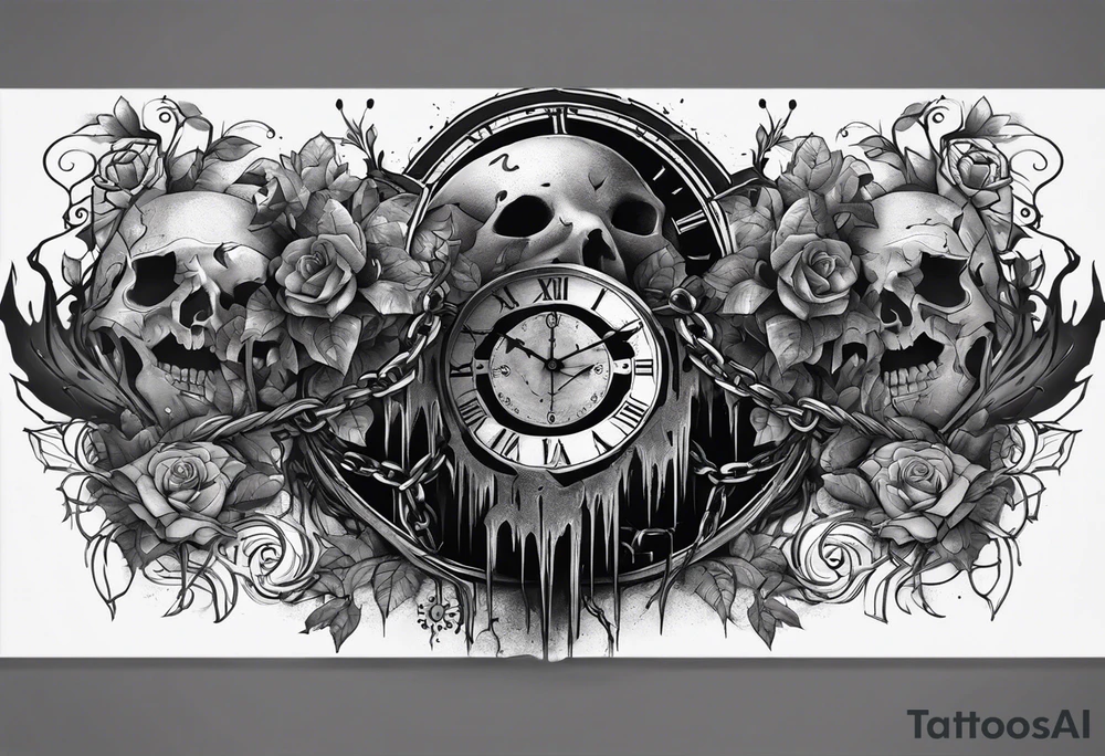 tattoo fool sleeve, tree roots break out of the chains at the bottom of the hand, Symbolizing loss, an image of a broken mask, Clock with flying numbers, girl, skull, roses tattoo idea